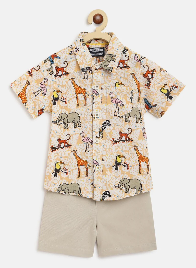 Nautinati Boys' Cotton Blend All-over Animal Printed Shirt & Shorts Co-ord Set